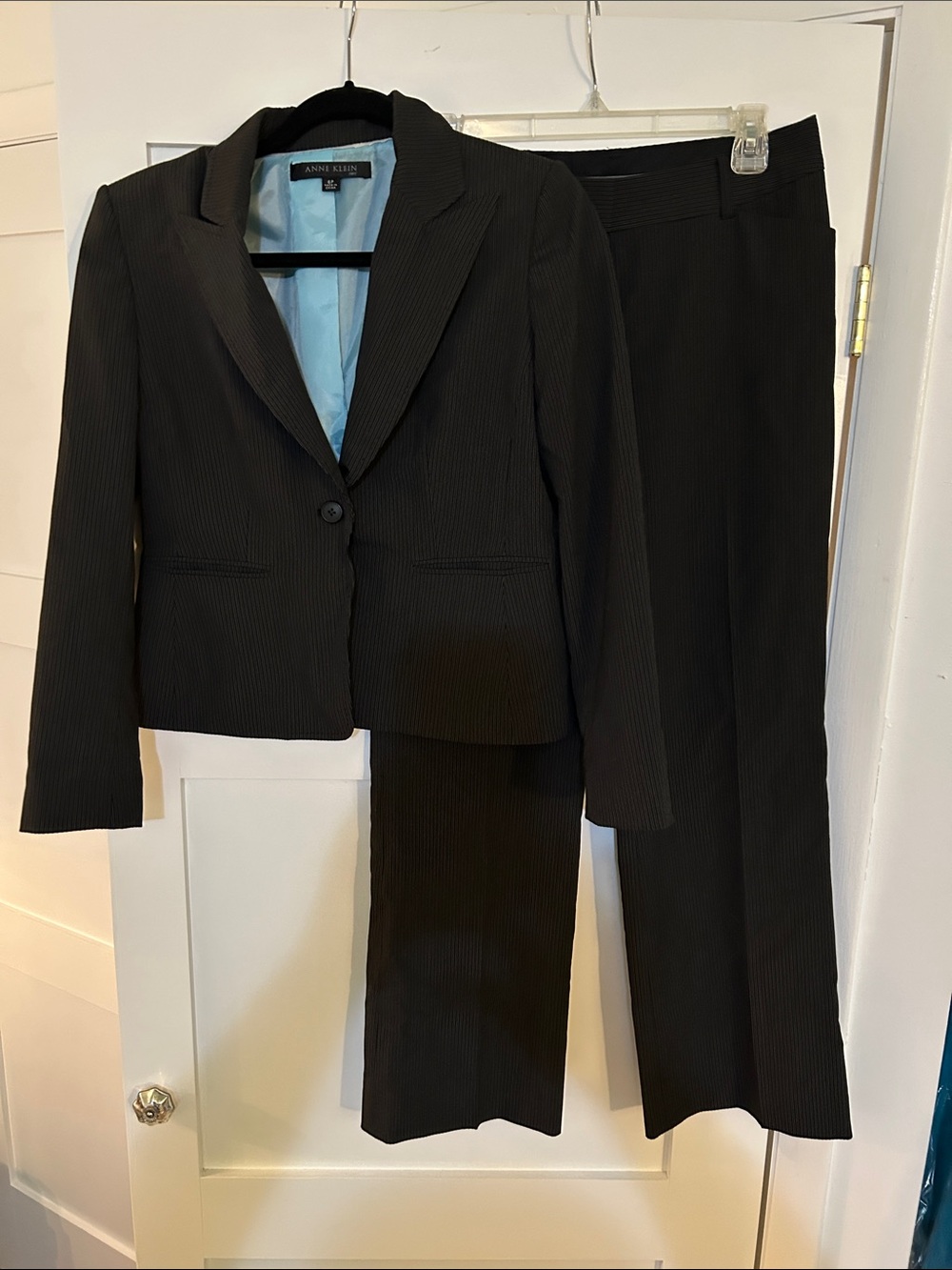 Anne Klein Black Pinstripe Two-Piece Women's Suit with Light Blue Lining